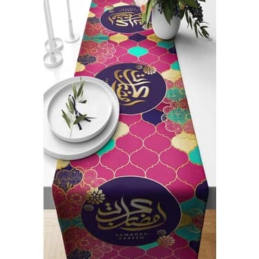 Mey İthalat Pelangi Renkli Ramadan Kareem Desenli Leke Tutmaz Kumaş Salon Mutfak Masa Değişik Ranır