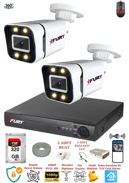 Fury 2 Kameralı Full Hd Gece Renkli - Su Geçirmez Ultra LED Güvenlik Kamerası Seti 320