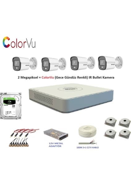 Hikvision 2mp 4 Kameralı Dış Ortam Ahd Hd-Tvı Colorvu Gece Renkli Kamera Seti 500GB