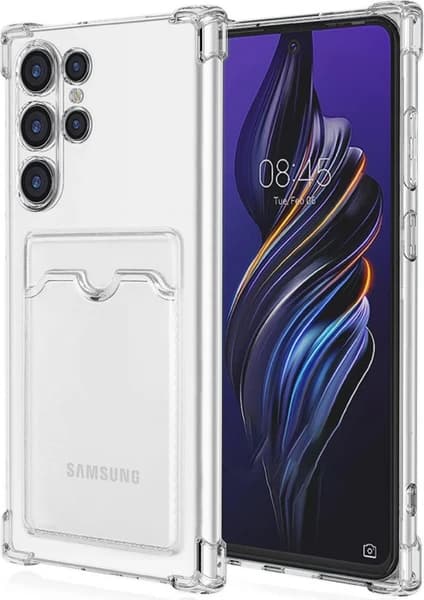 Kvy Samsung Galaxy S24 Ultra Kamera Korumalı Kartlıklı Setra Şeffaf Silikon Kılıf Ekran Koruyucu