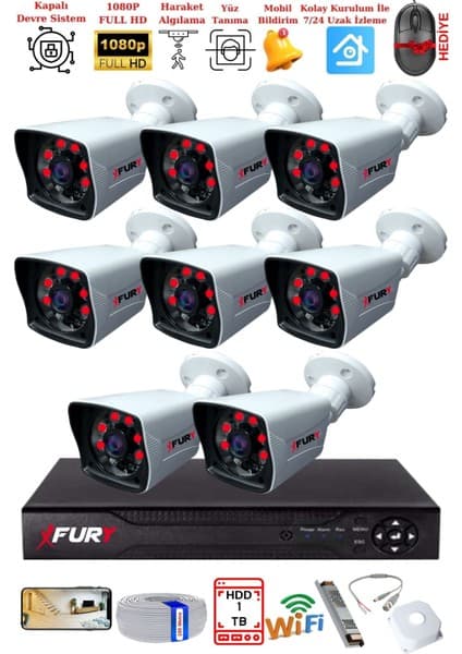 Fury 8 Kameralı 2mp Full Hd Görüntü 6 Atom LED Gece Görüşlü Dış Mekan Güvenlik Kamerası Seti