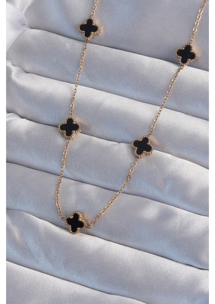 Clariss 316L Çelik Gold Renk Minimal Siyah Mineli Yonca