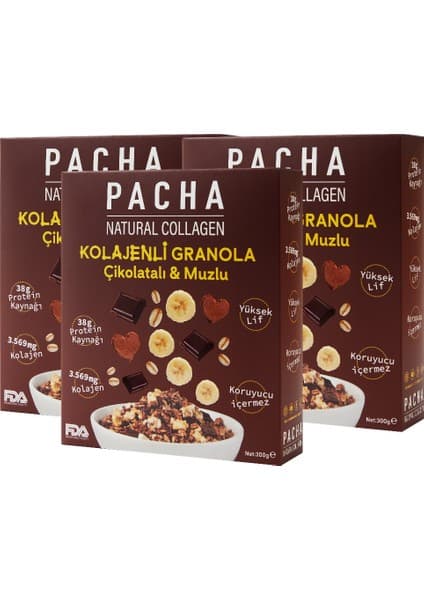 Pacha NATURAL COLLAGEN Kolajenli Granola Çikolatalı ve Muzlu 3’lü