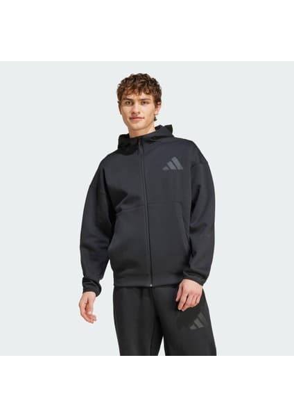 Adidas Sportswear JE7538 Kapüşonlu Z.N.E. Full-Zip Erkek Sweatshirt Siyah Düz Desen 2024 Sonbahar -