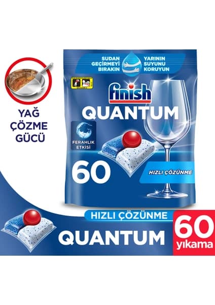 Finish Quantum 60 Kapsül Bulaşık Makinesi Deterjanı Tableti Hızlı Çözünme ve Yağ Çözme Gücü
