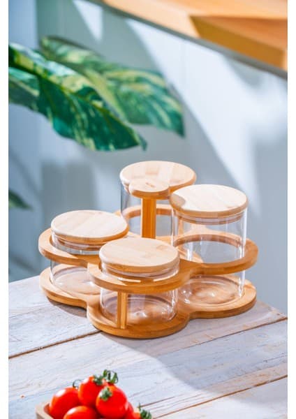 Acar Bambu Standlı 4'Lü Cam Baharatlık