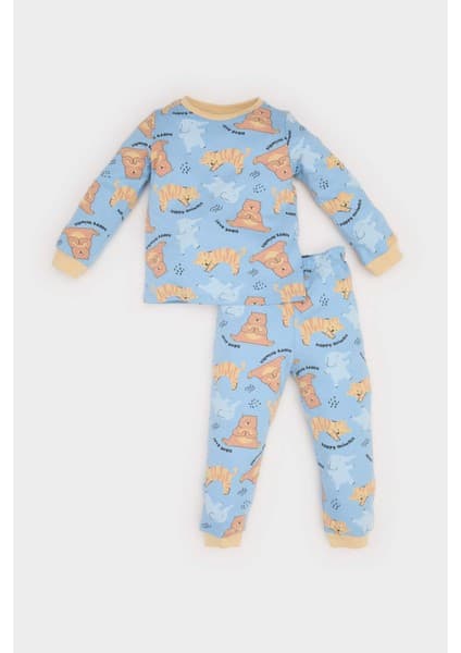 DeFacto Erkek Bebek Pijama Takımı Hayvan Desenli Uzun Kollu Üst Beli Lastikli Uzun Alt