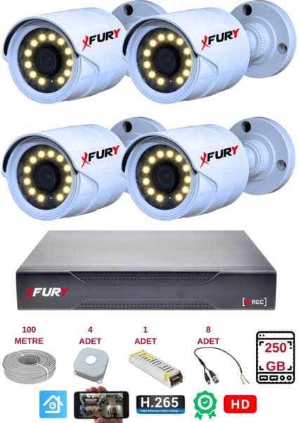 Fury 4'lü Gece Renkli Görüş Full HD Güvenlik Kamerası Seti 250GB Su Geçirmez