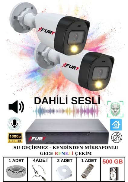 Fury 2 Li Sesli Gece Renkli Görüş Güvenlik Kamerası Su Geçirmez Güvenlik Kamerası Seti