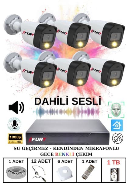 Fury 6 Lı Sesli Gece Renkli Görüş Güvenlik Kamerası Su Geçirmez Güvenlik Kamerası Seti