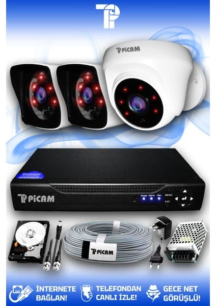 Picam 3 Kameralı Kare 1 İç Kamera Set 100 GB HDD Full HD