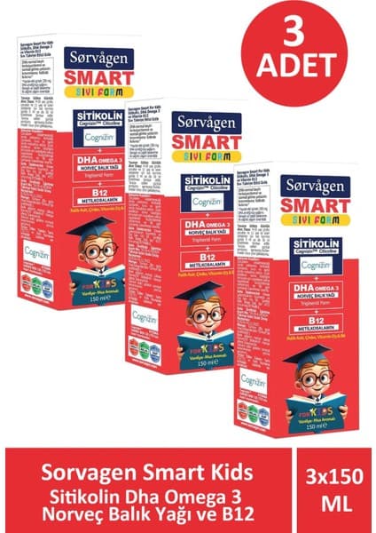 Sorvagen Smart Kids Sıvı Form Sitikolin Dha Omega 3 Norveç Balık Yağı ve B12 150 ml 3