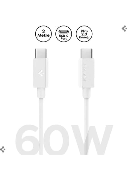 Spigen USB-C to USB-C 2 Metre Kablo 60W Güç / PPS 2.0 Desteği Super Hızlı Şarj / 480 Mbps Data Aktarım Hızı Type-C Ekstra Dayanıklı White - ACA08719