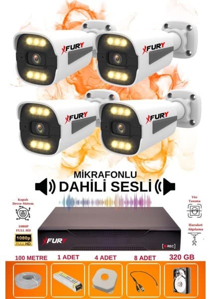 Fury 4 Lü Sesli 6 Warm LED Gece Renkli Görüş Su Geçirmez Güvenlik Kamerası Seti