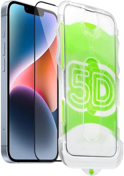 Fibaks Apple iPhone 13/13 Pro/14/16E Uyumlu Kolay Uygulama Aparatlı Siyah Çerçeveli Tam Kapatan Cam Ekran Koruyucu