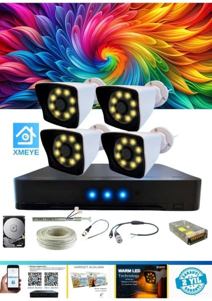 4 Kameralı Kare 4 Dış Kamera Set 320 GB HDD Dahil Full Hd Renkli Gece Görüşlü Güvenlik Kamerası