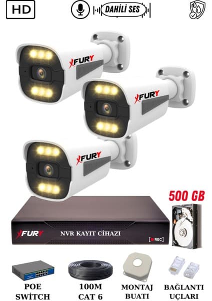 Fury 3 Kameralı Ip Güvenlik Kamerası Seti Sesli 4mp Gece Renkli Su Geçirmez 1506S