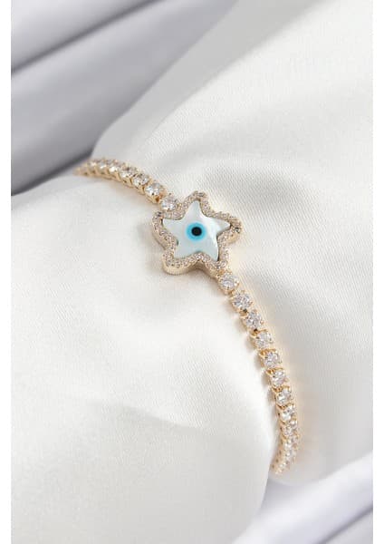 Pirinç Zirkon Taşlı Nazar Yıldız Model Gold Renk Asansörlü Fiyatı