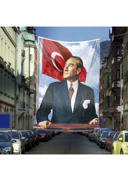 Asilmeydan Ay Yıldızlı Sivil Mustafa Kemal Atatürk - Portre Cephe Poster Bayrak-Okul - Kutlama -