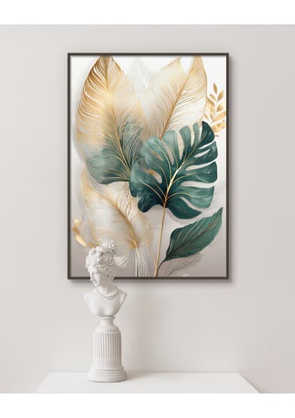 Metal Çerçeveli Gerçek Camlı Tablo , Dijital Baskı, Soyut Tablo, Monstera ,salon , Ofis