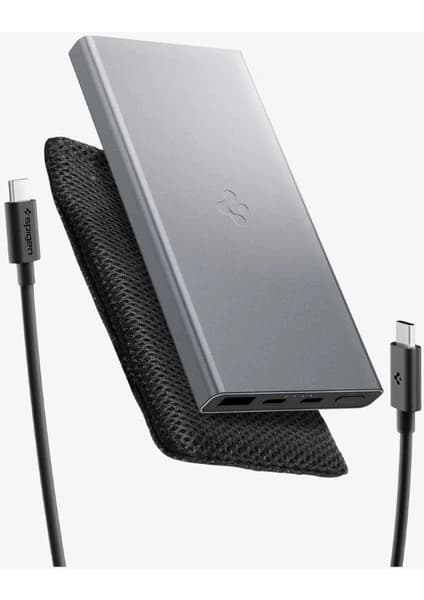 Spigen 10000 mAh Slim Alüminyum Kasa 22.5W USB-C + USB-A Hızlı Şarj 3 Portlu Powerbank / 1 Metre Type-C Harici Kablolu Taşınabilir Şarj Cihazı + Çanta EA2210 Gri - ABA09432 (Spigen TR Garantili)