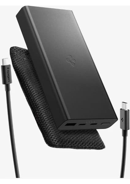 Spigen 20000 mAh Alüminyum Kasa 30W USB-C + USB-A Giriş / Çıkış Hızlı Şarj 3 Portlu Powerbank / 1 Metre Type-C Harici Kablolu Taşınabilir Şarj Cihazı + Taşıma Çantası EA3020 Black - ABA09433