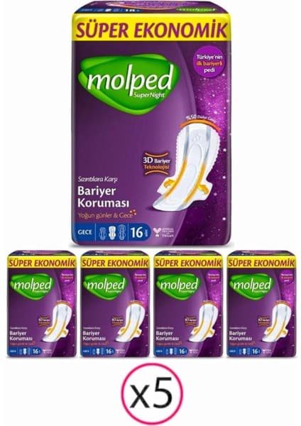Molped SuperNight Gece Hijyenik Ped 16'lı 35 cm – Sızıntı Önleyici Bariyerli, Ekstra Korumalı Ultra