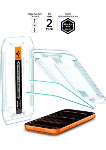 Spigen iPhone 17 Pro Max / 16 Pro Max ile Uyumlu Kolay Kurulum Cam Ekran Koruyucu GLAS.tR EZ Fit HD (2 Adet) Şeffaf - AGL07907 (Spigen TR Garantili)