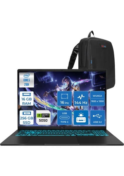 Asus Vivobook 16 V3607VH Intel Core 5 210H 16GB Ddr5 256GB SSD RTX5050 Gddr7 8gb Freedos 16"