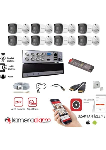 Hikvision 8 Kameralı 7/24 Renkli Güvenlik Kamerası Full Hazır