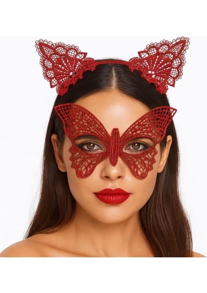 Gösterişli Kırmızı Dantel Maske ve Taç Seti 7 No