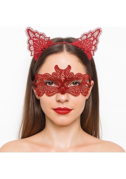 Ateş Kırmızısı Dantel Taç ve Maske Seti 10 No - Maskeli B & Özel Gün