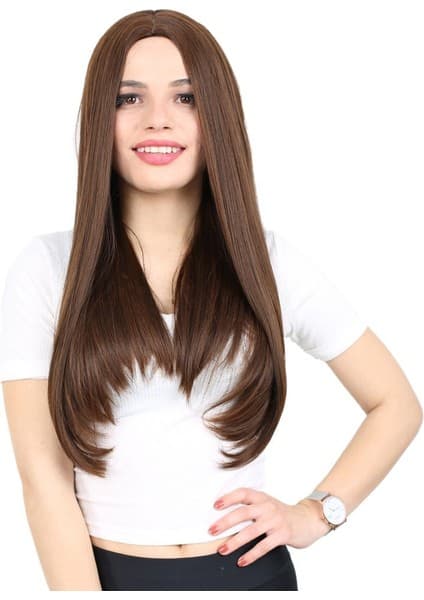 AyrStore Fiber Sentetik Uzun Düz Peruk / Kahve Karamel