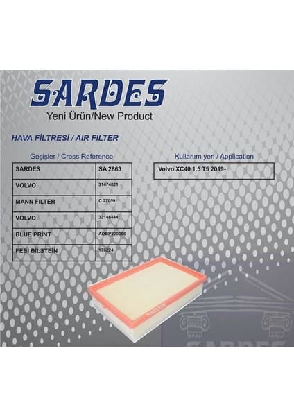 Sardes SA2863 - Hava Filtresi Volvo XC40 T5 1.5