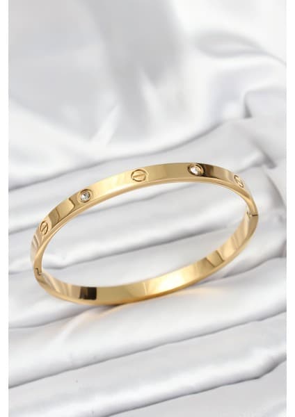 316L Çelik Gold Renk Zirkon Taşlı 65 mm Kadın Kelepçe Bileklik -