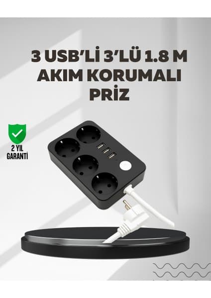 4.1A Hızlı Şarjlı Akım Korumalı 4 Priz ve 3 USB Çıkışlı Priz Fiyatı