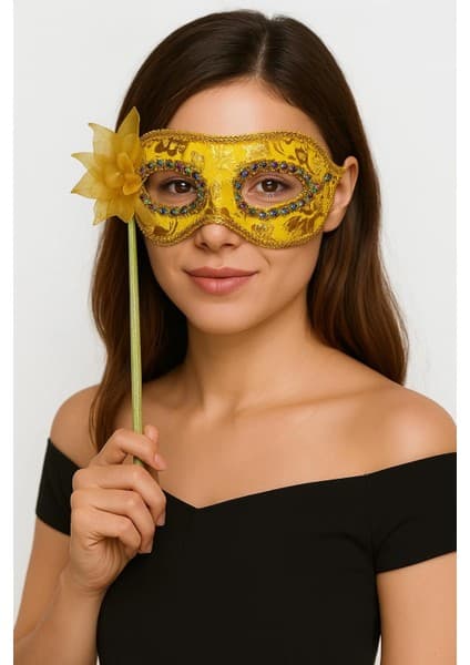 Lüks Taşlı Saplı Maskeli Balo Maskesi Altın Renk 35 cm Fiyatı