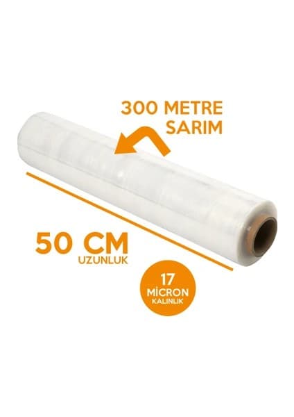 Manuel El Tipi Palet Streç Film Şeffaf 50 cm 17 Mikron 300 Metre 1 Koli ( 6 Adet