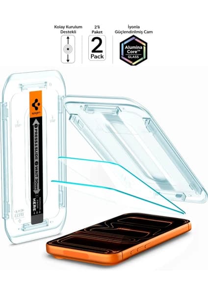 Spigen iPhone 17 Pro / 17 / 16 Pro ile Uyumlu Kolay Kurulum Cam Ekran Koruyucu GLAS.tR EZ Fit HD (2 Adet) Şeffaf - AGL07928 (Spigen TR Garantili)