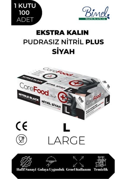 Bimel Ekstra Kalın Nitril Siyah Plus Muayene Eldiveni L - 1 Paket