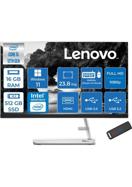 Lenovo Ideacentre Aıo 3 24IAP7 Intel Core I5 12450H 16GB 512GB SSD WIN11HOME 23.8" Fhd (1920X1080)