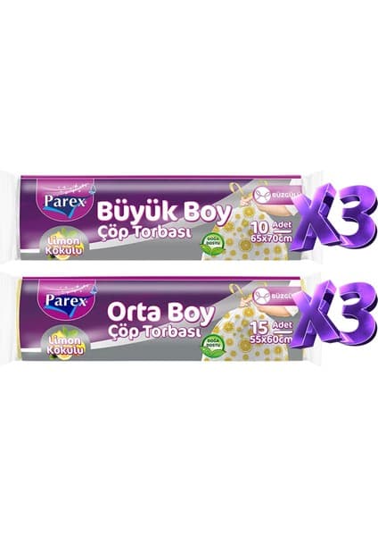 Parex Büzgülü 6 Adet Çöp Torbası Limon Kokulu Büyük ve Orta