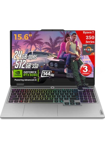 Lenovo LOQ 15AHP10 AI AMD Ryzen 7 250 24GB 512GB SSD RTX5060 Freedos 15.6" FHD 144Hz Taşınabilir Bilgisayar 83JG006FTR