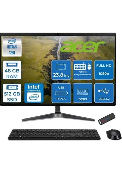 Acer Veriton VZ2524G Intel Core Ultra 5 125U 48GB Ddr5 512GB SSD Intel® Aı Boost 23.8" Fullhd (1920