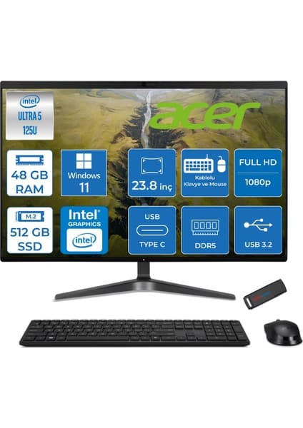 Acer Veriton VZ2524G Intel Core Ultra 5 125U 48GB Ddr5 512GB SSD Intel® Aı Boost 23.8" Fullhd (1920