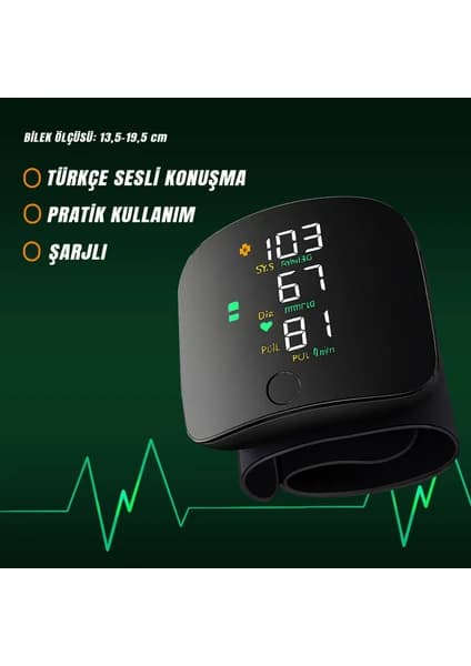 Mayf Türkçe Konuşan Bilek Tansiyon Aleti Şarjlı Tam Otomatik Tansiyon ve Nabız Ölçme Dijital Sesli – Akıllı LCD Ekranlı, Hassas Ölçüm, Sesli Tansiyon Aleti, Ev Tipi Cihaz