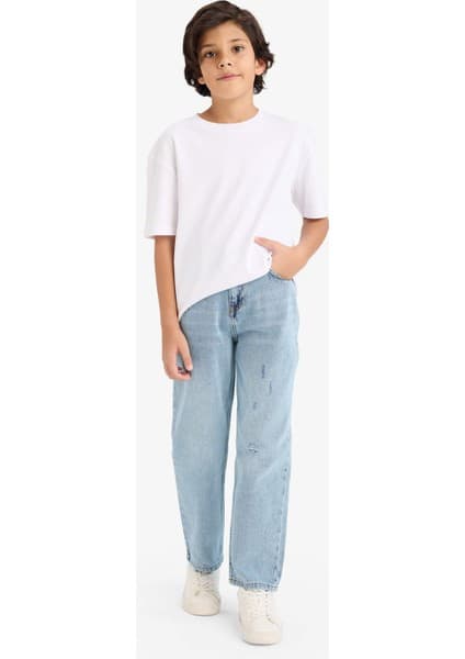 DeFacto %100 Pamuk Loose Fit Yırtık Detaylı Düz Paça Jean Pantolon Erkek Çocuk