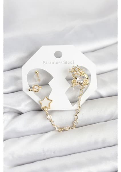 Skygo Pirinç Gold Renk Yıldız Model Zincir Bağlantılı Ear Cuff Küpe Seti -