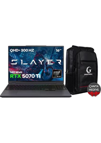 Game Garaj Slayer R9T-5070Ti C1 Amd Ryzen 9 9955HX 32GB Ram 1tb SSD RTX5070Ti 16" Qhd+ IPS 300Hz Freedos Gaming Laptop