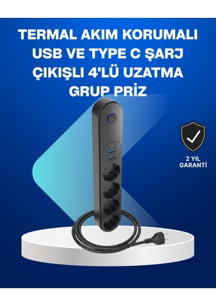 Toptan Bulurum Akıllı Akım Dengelemeli 4’lü Çoklu Priz Typec ve USB